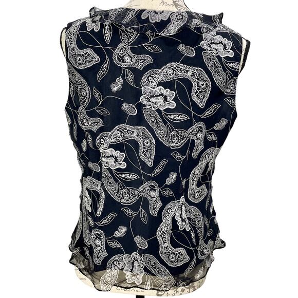 Vintage 90s Black White Paisley Print Ruffle Trim Silk Layered Tank Top Size PL - Picture 2 of 9